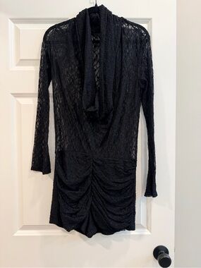 Black Lace Long-Sleeve Ruched Romper
